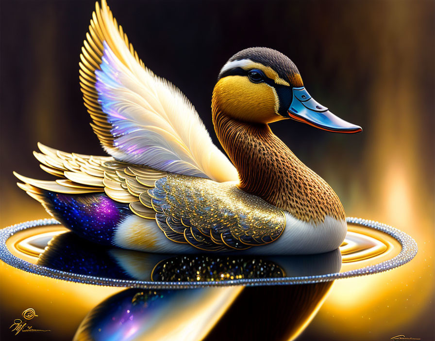 Vibrant golden and blue illustrated duck floating on reflective water surface