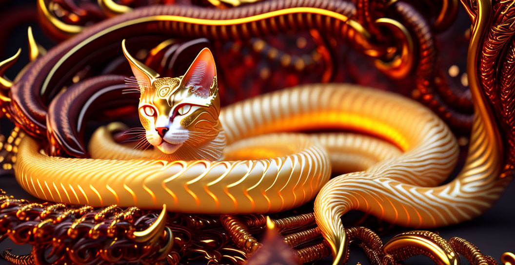 Intricate Golden Cat Artwork with Swirling Warm Patterns