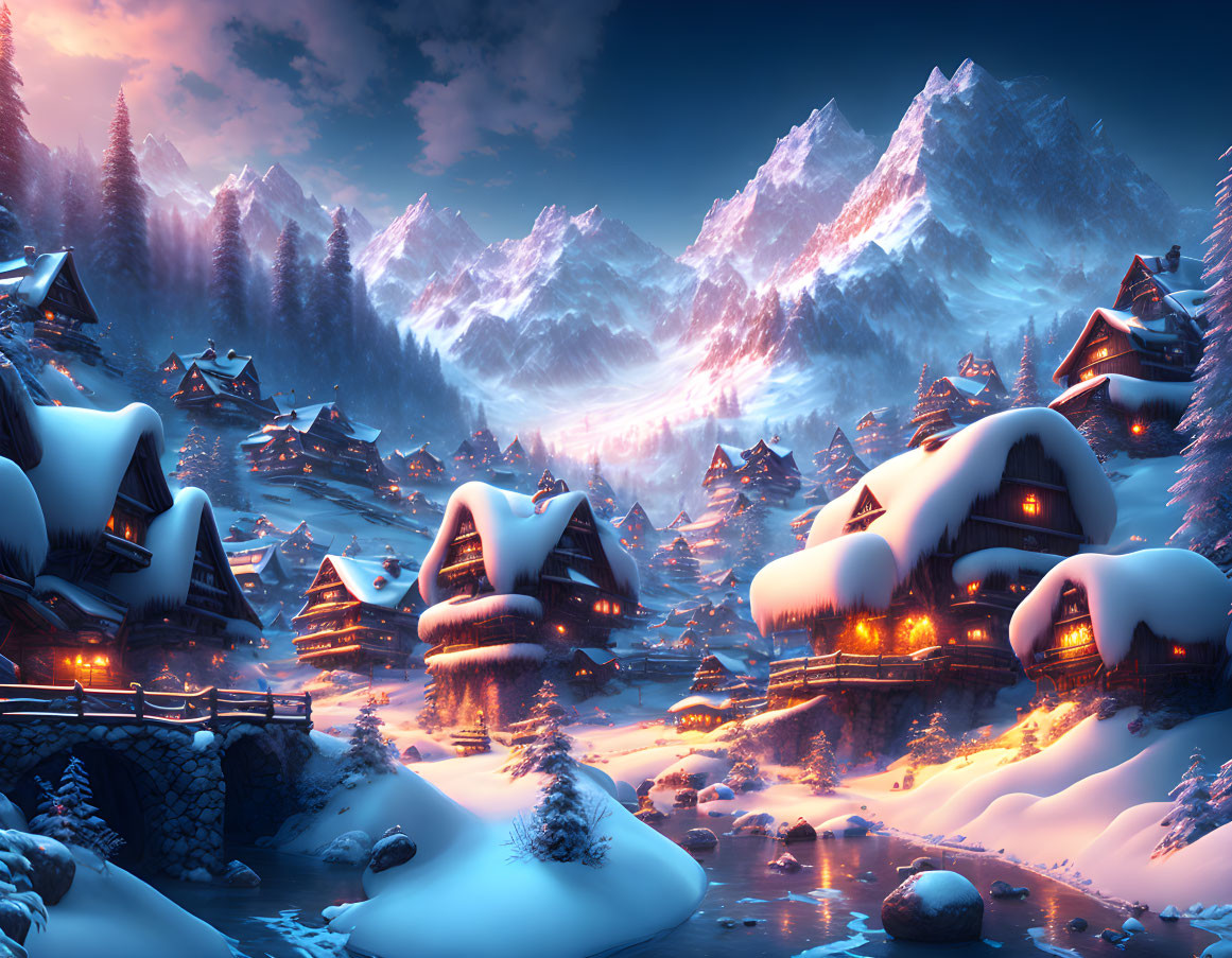 Snowy village with cozy cabins under twilight sky and majestic mountain range.