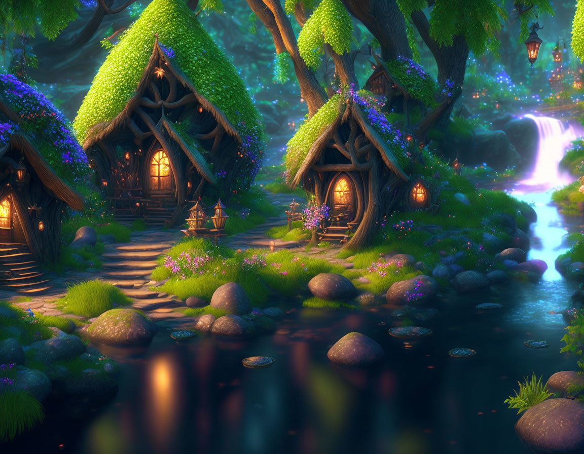 Tranquil Forest Scene with Thatched-Roof Cottages and Glowing Lanterns