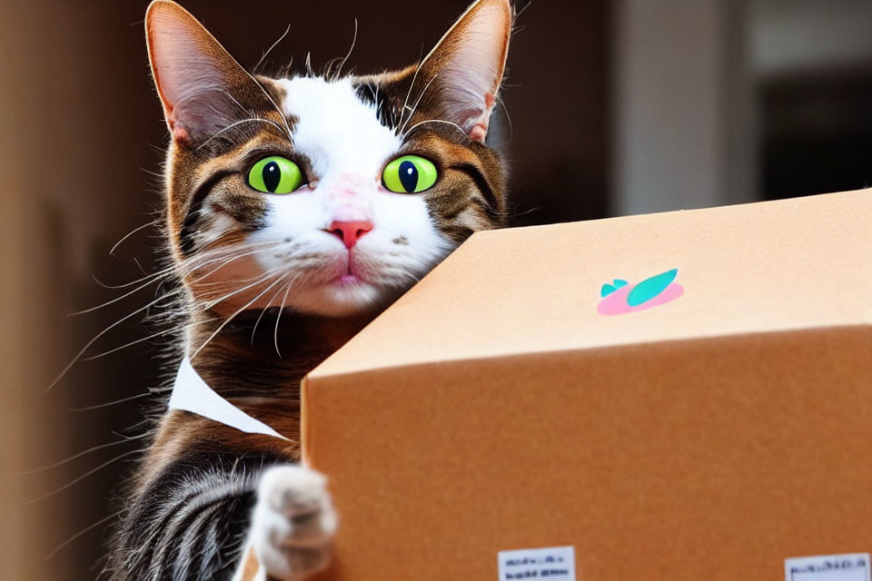 Tabby cat with green eyes peeking over colorful sticker on cardboard box