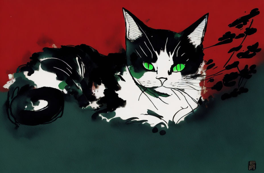 Stylized black and white cat painting with green eyes on red and green background.