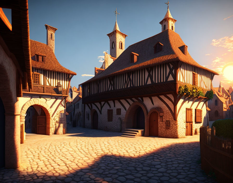 Medieval village street at sunset with half-timbered buildings