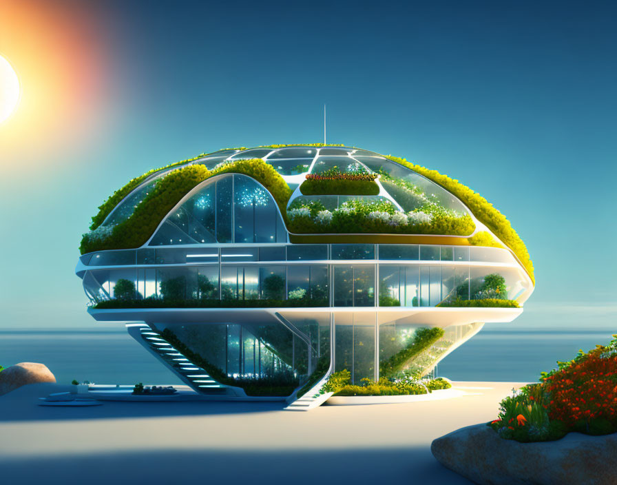 Dome-shaped eco-friendly building with green roof and glass panels at sunset