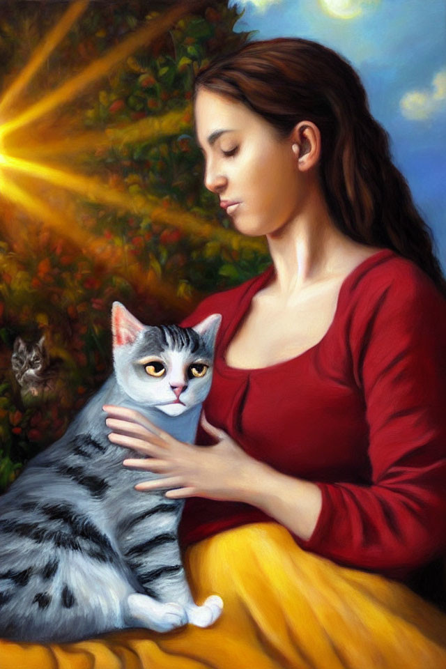 Woman in red top and yellow skirt holding grey and white cat in sunlight.