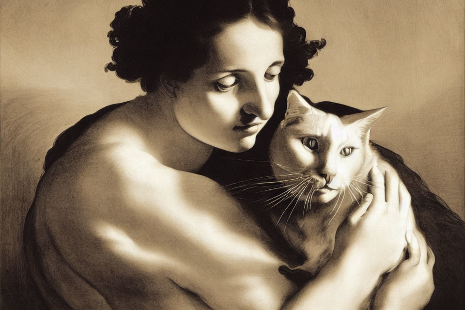 Monochrome artwork of woman embracing large-eyed cat