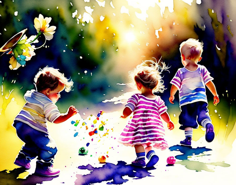 Vibrant watercolor painting of children with colorful balls on sunny backdrop