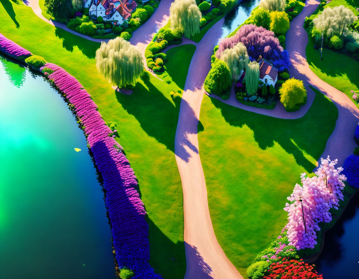 Vibrant landscaped garden with colorful flowers, greenery, winding path, and pond