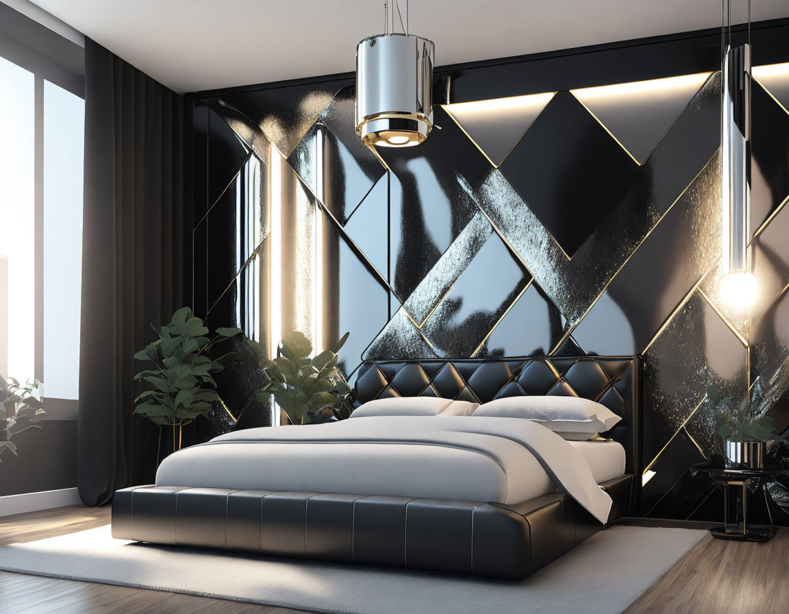 Spacious modern bedroom with geometric headboard, pendant lamp, and plant