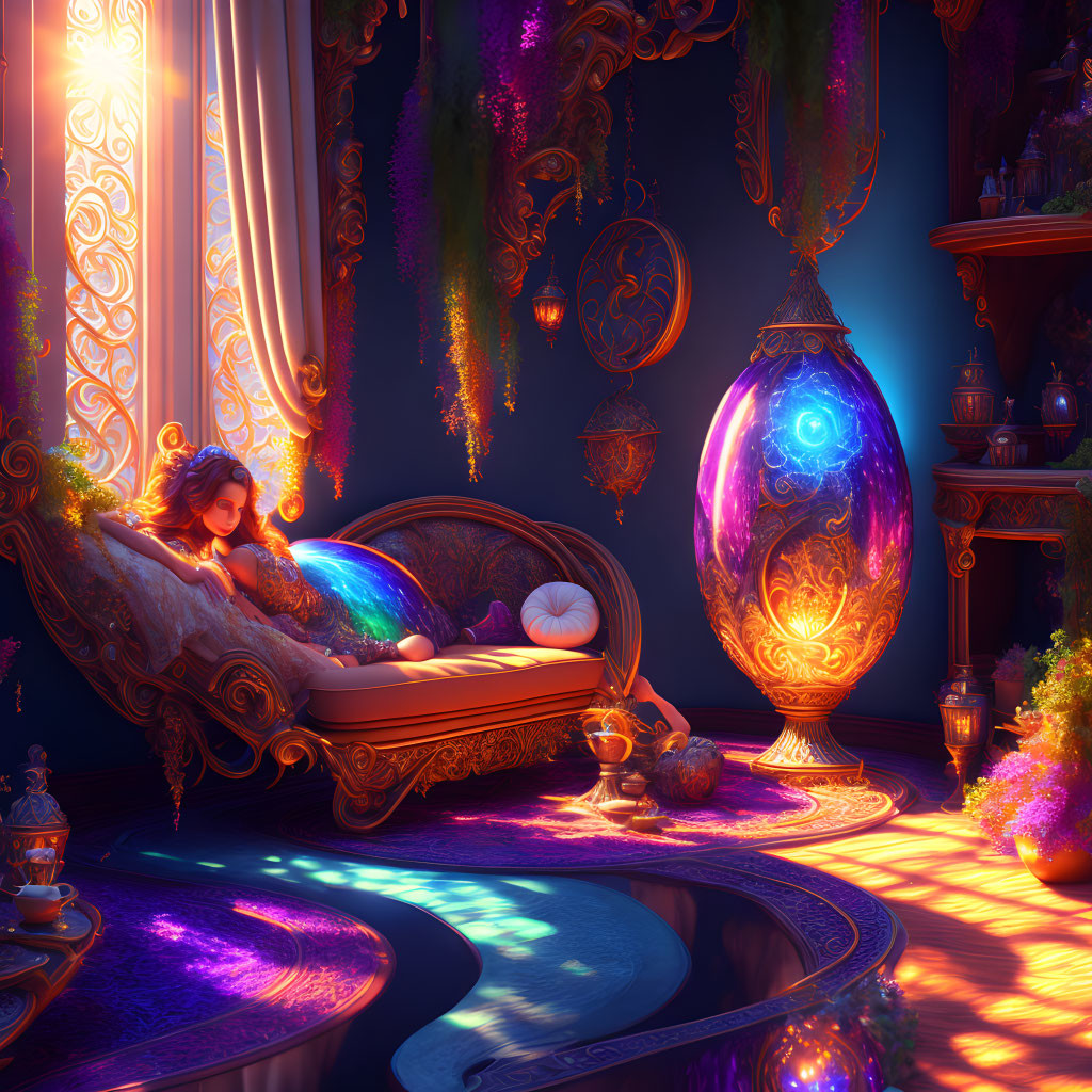 Sunlit fantasy room with young woman on chaise, glowing orb, and lush greenery.