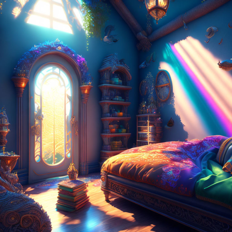 Luxurious and whimsical bedroom with vibrant colors and magical elements