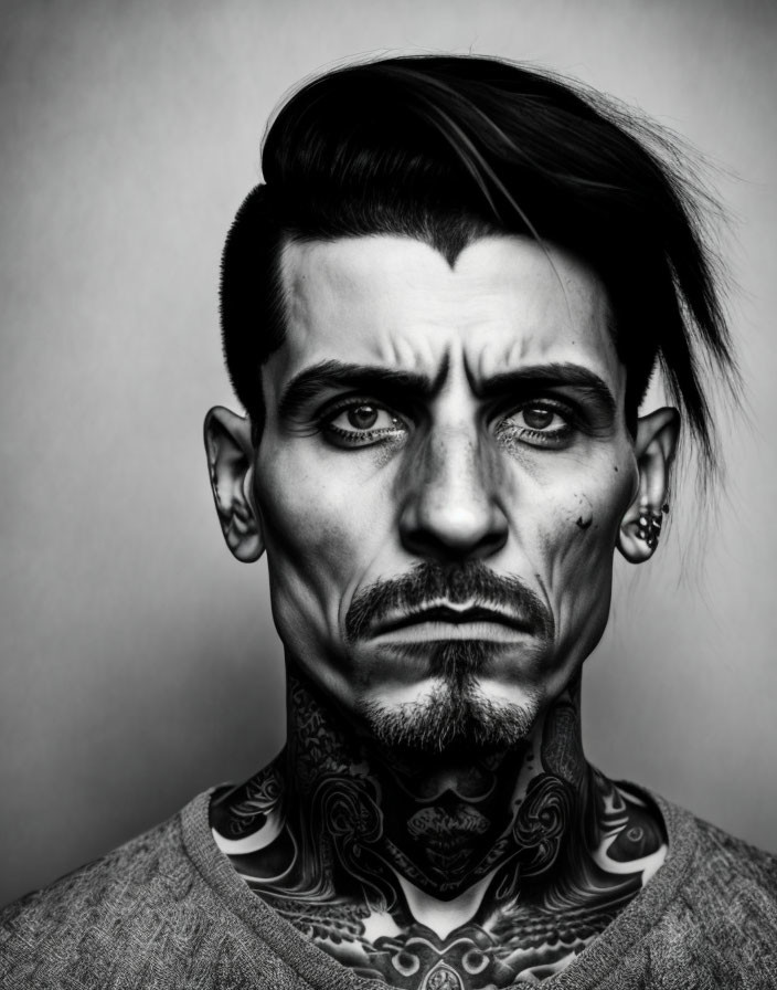 Monochrome portrait of a tattooed man with slicked-back hair