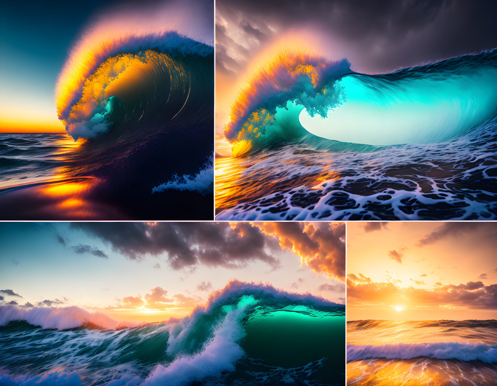 Colorful Ocean Wave Collage with Sunset Backgrounds