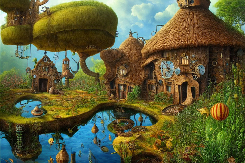 Whimsical fantasy landscape with floating islands and gear-driven contraptions