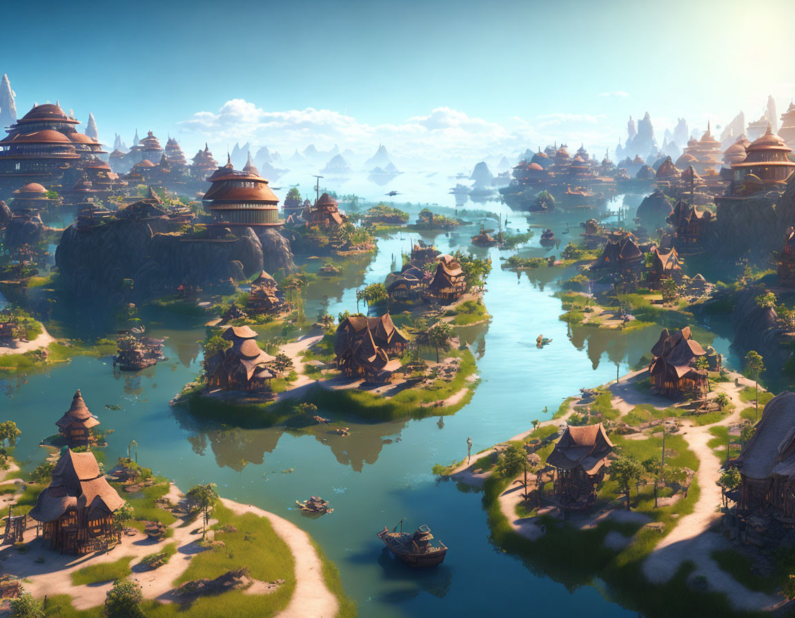 Tranquil fantasy landscape with idyllic islands and traditional houses