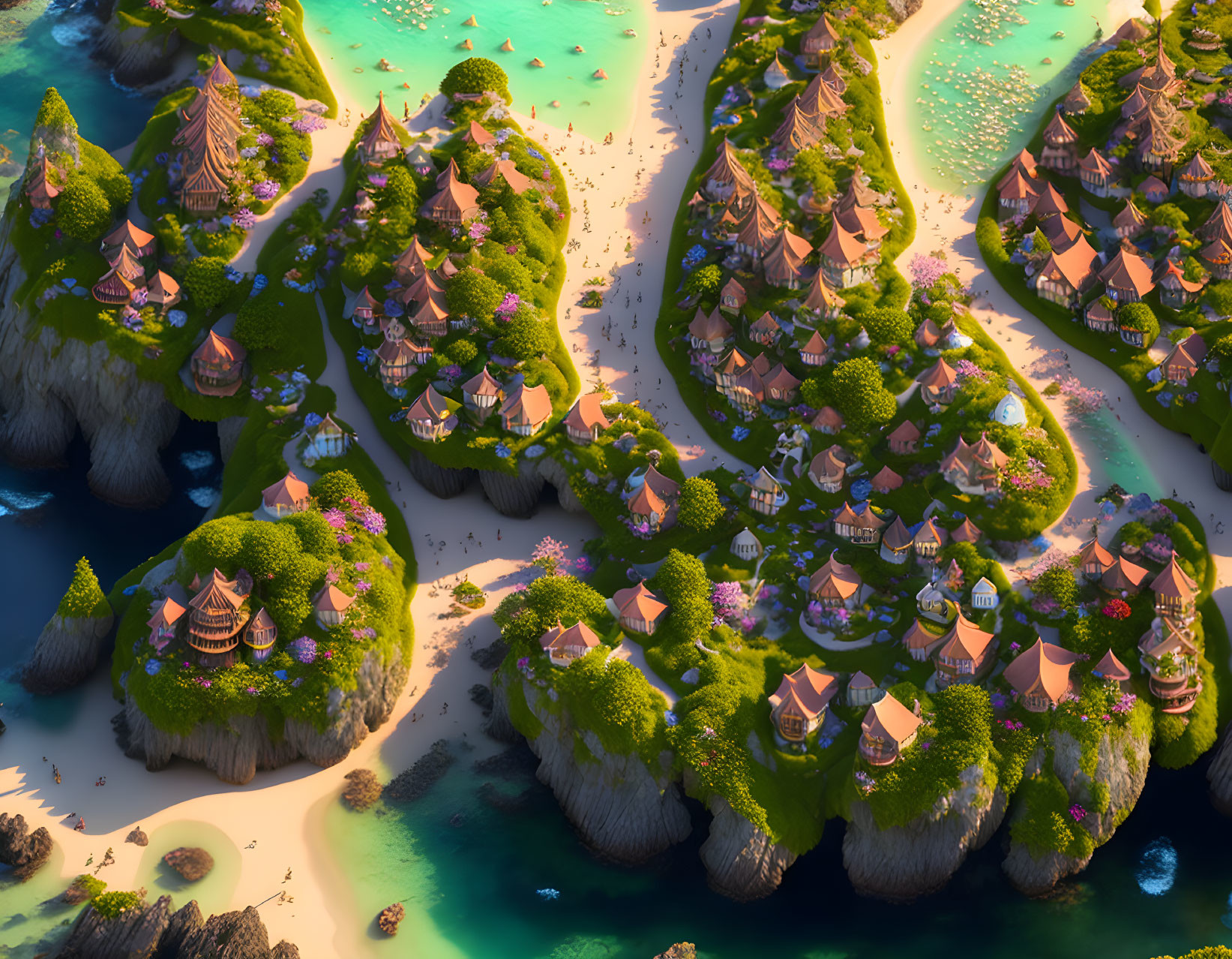 Fantastical coastal village with thatched-roof cottages on lush green islands at sunset
