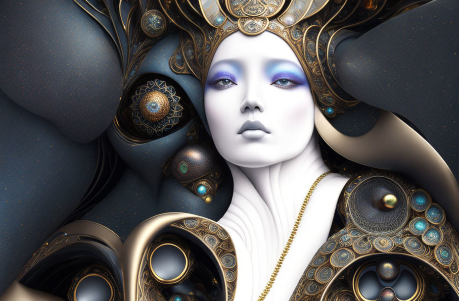 Ethereal female figure with pale skin and ornate headgear in digital art