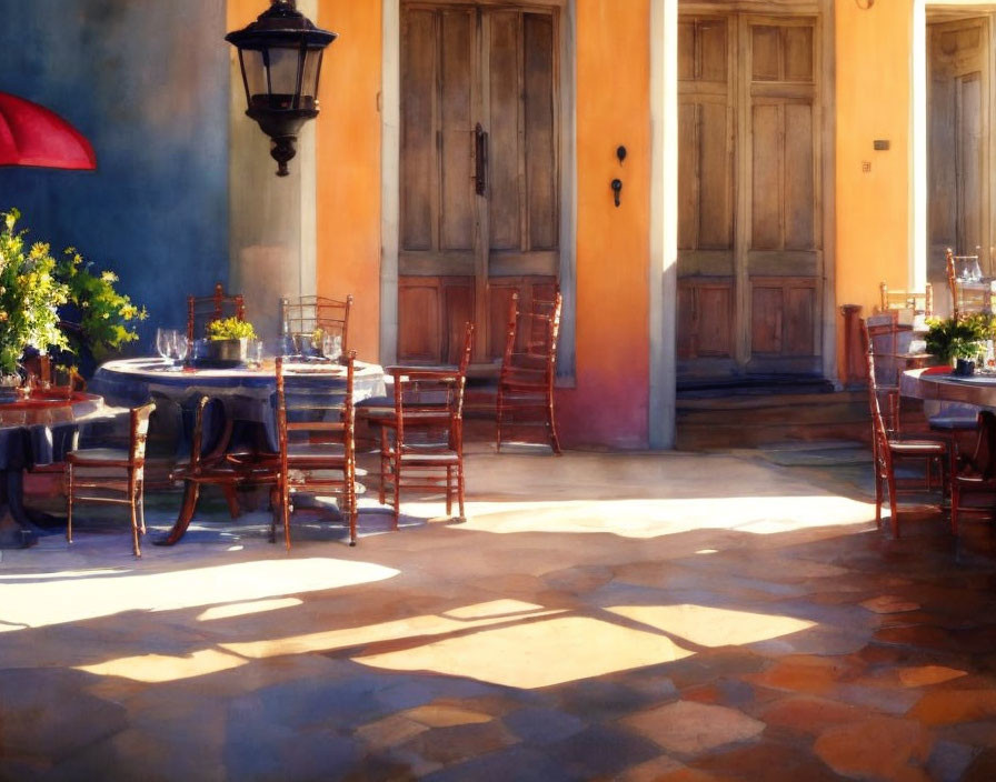 Sunny Courtyard with Wooden Chairs, Glass Table, Potted Plants