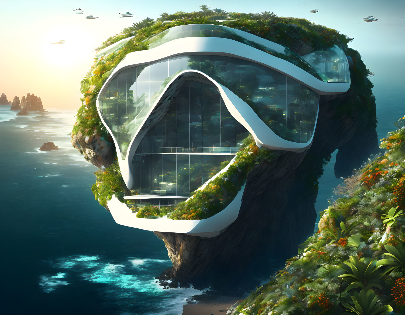 Futuristic cliffside house with glass walls overlooking ocean and lush greenery