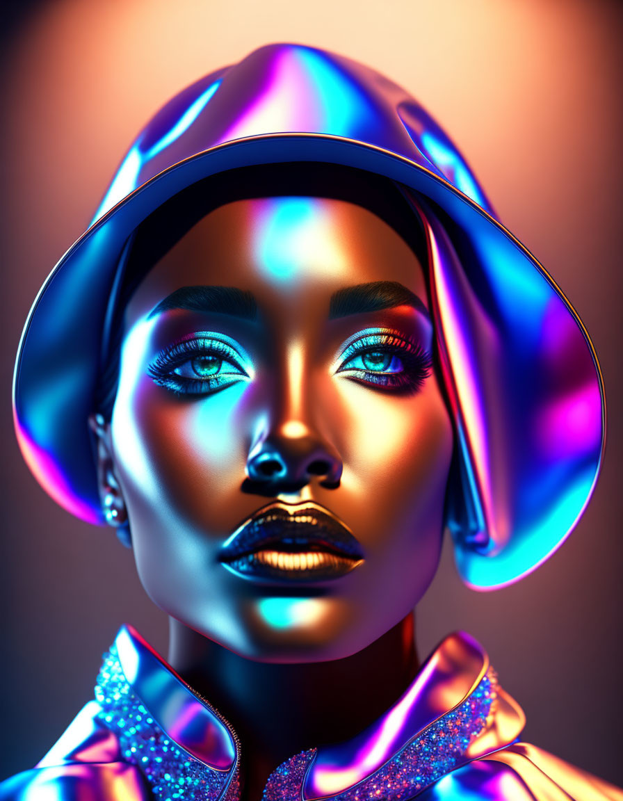 Digital Artwork: Woman with Blue Eyes in Cap and Shimmering Outfit