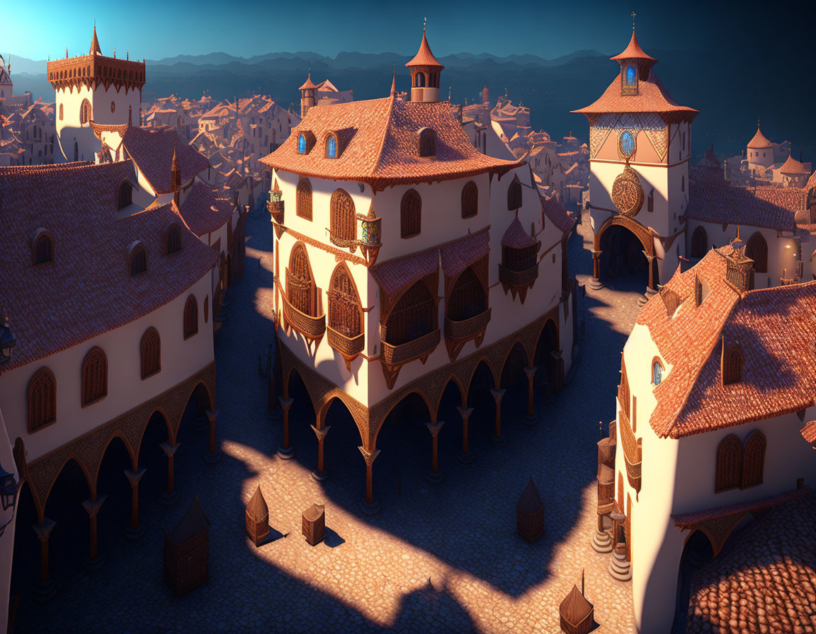 Medieval town square twilight scene with ornate buildings and cobblestone streets