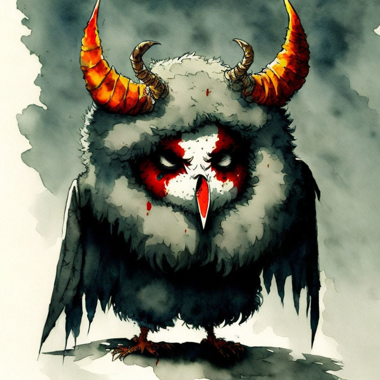 Fantastical owl illustration with red eyes, horns, and dark colors