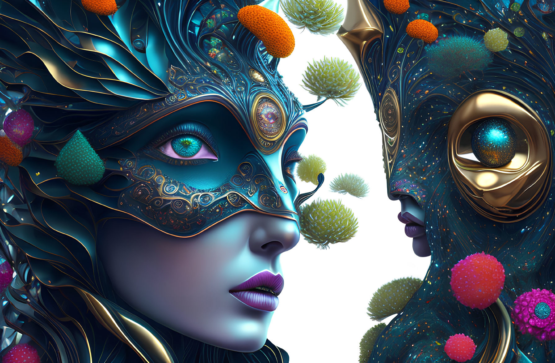 Metallic female faces close-up in intricate design with multicolored spheres on blue background