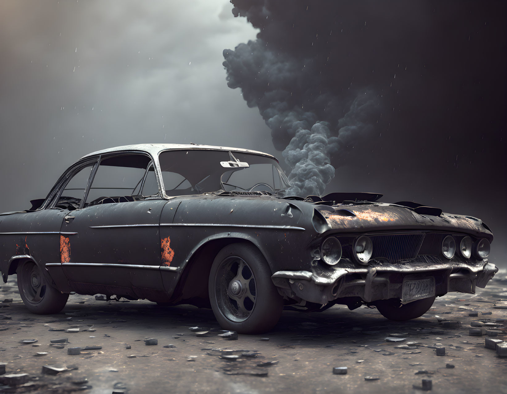 Abandoned vintage car with rust patches on desolate road under stormy sky