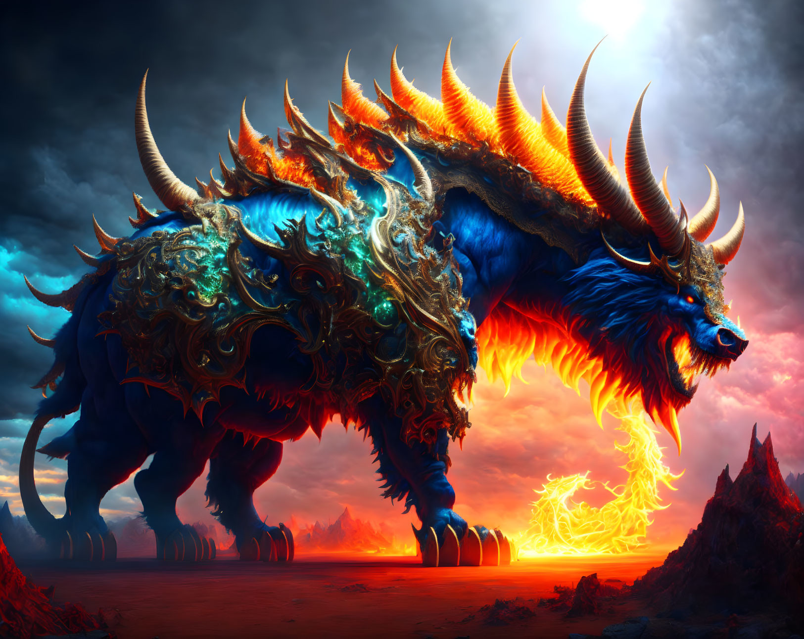 Fiery-Blue Beast with Multiple Horns in Volcanic Landscape