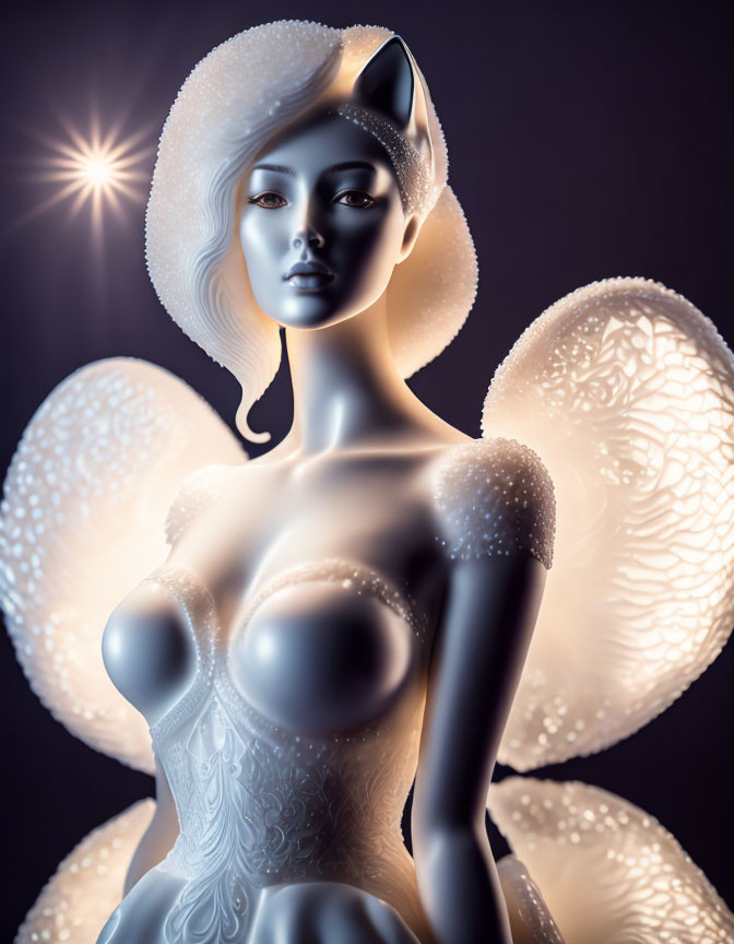 3D illustration of woman with cat ears and glowing ornate wings