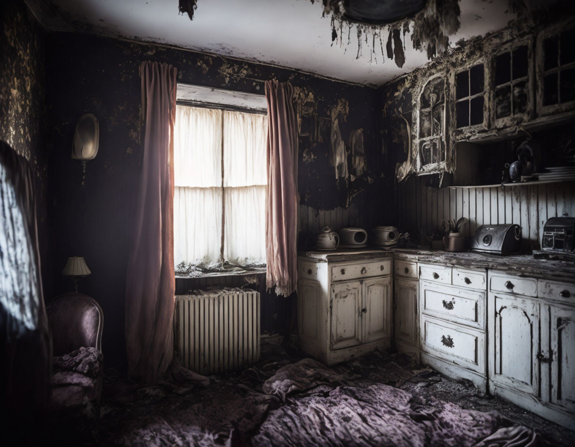 Abandoned room with peeling walls, dusty curtains, disheveled bed, antique appliances