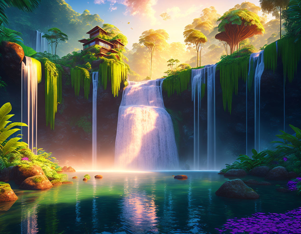 Digital Artwork: Lush Waterfall Oasis with Pagoda and Vibrant Flora