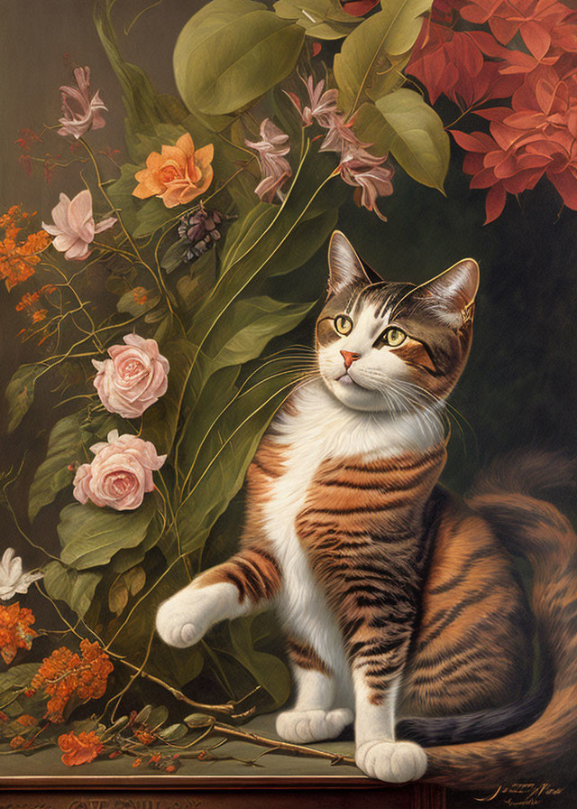 Realistic Tabby Cat Painting Among Colorful Flowers