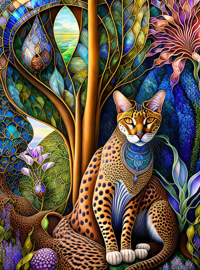 Colorful Cat Illustration Among Floral Patterns and Whimsical Landscape