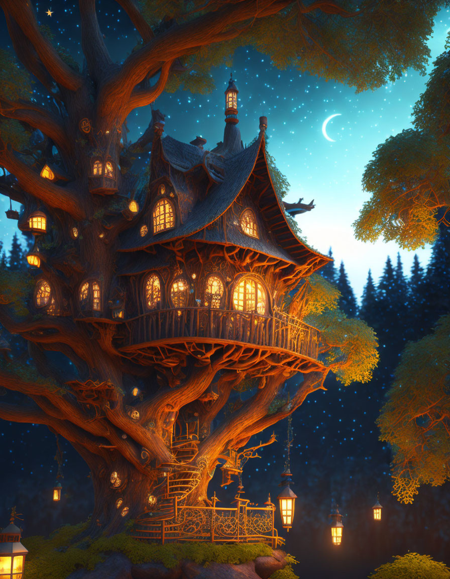 Glowing treehouse in grand tree under starry night sky