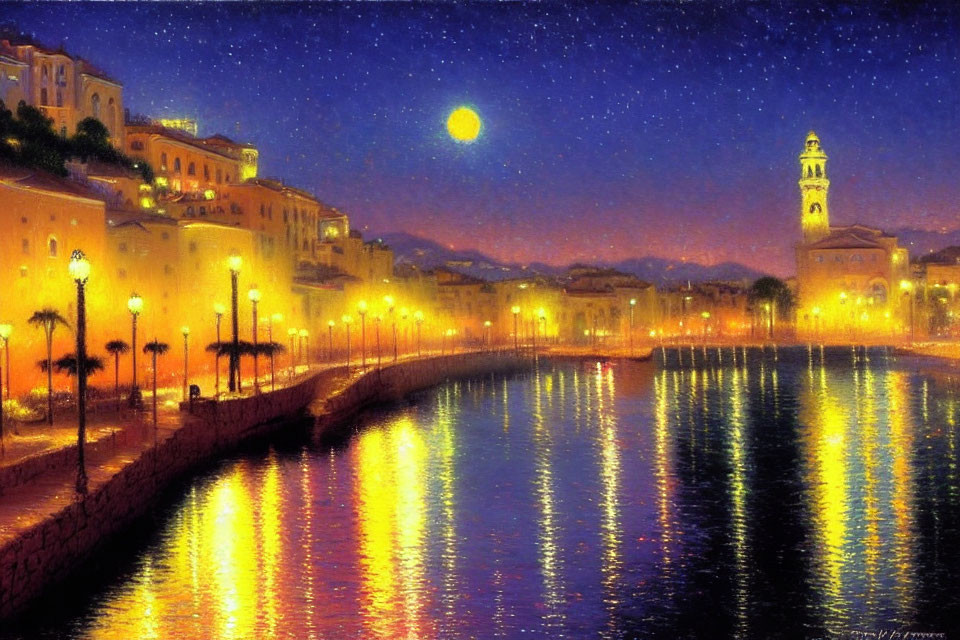 Scenic moonlit coastal town with glowing streetlights, calm water, starry sky, and warmly