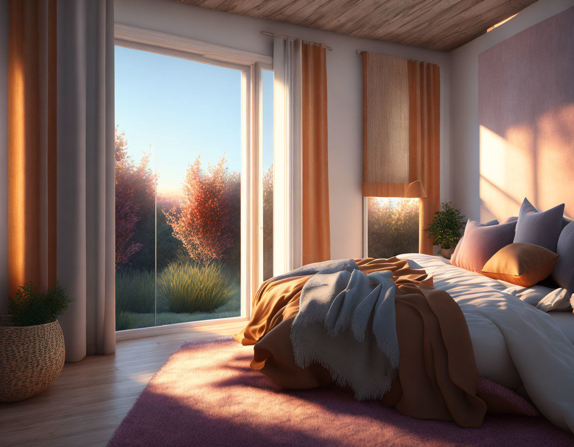 Sunset-themed cozy bedroom with made bed, warm lighting, garden view, and purple carpet