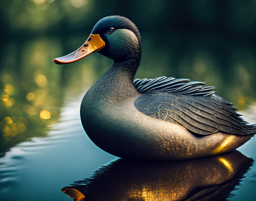 Iridescent duck with orange beak on calm water & green background