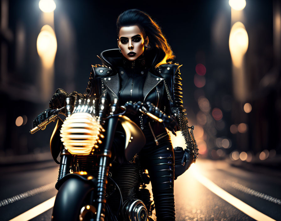 Person in black leather on motorcycle at night with streetlights