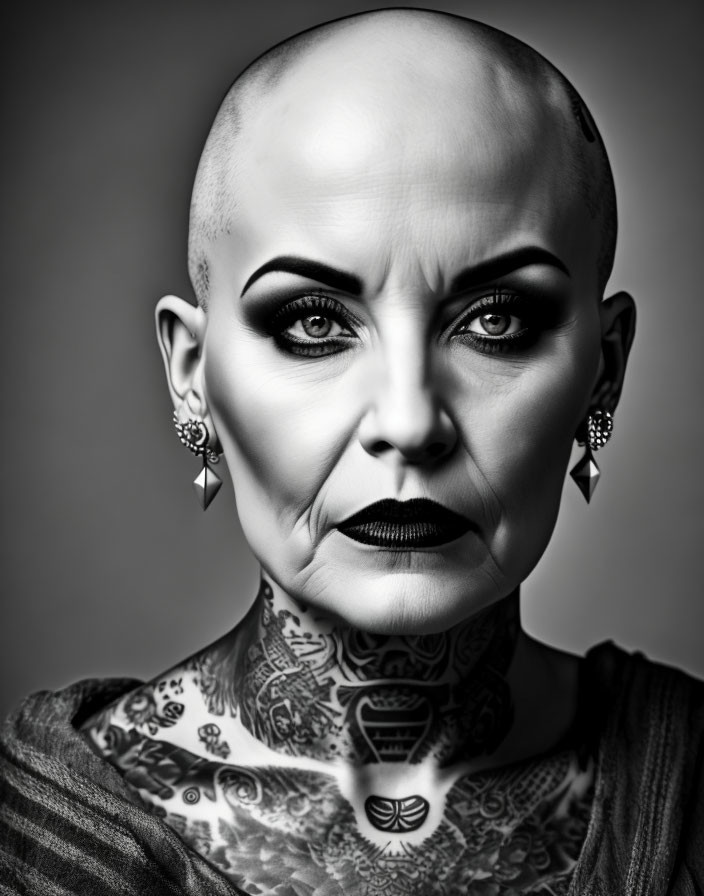 Detailed black and white portrait of bald individual with dark makeup, bold eyebrows, neck tattoos, and earrings