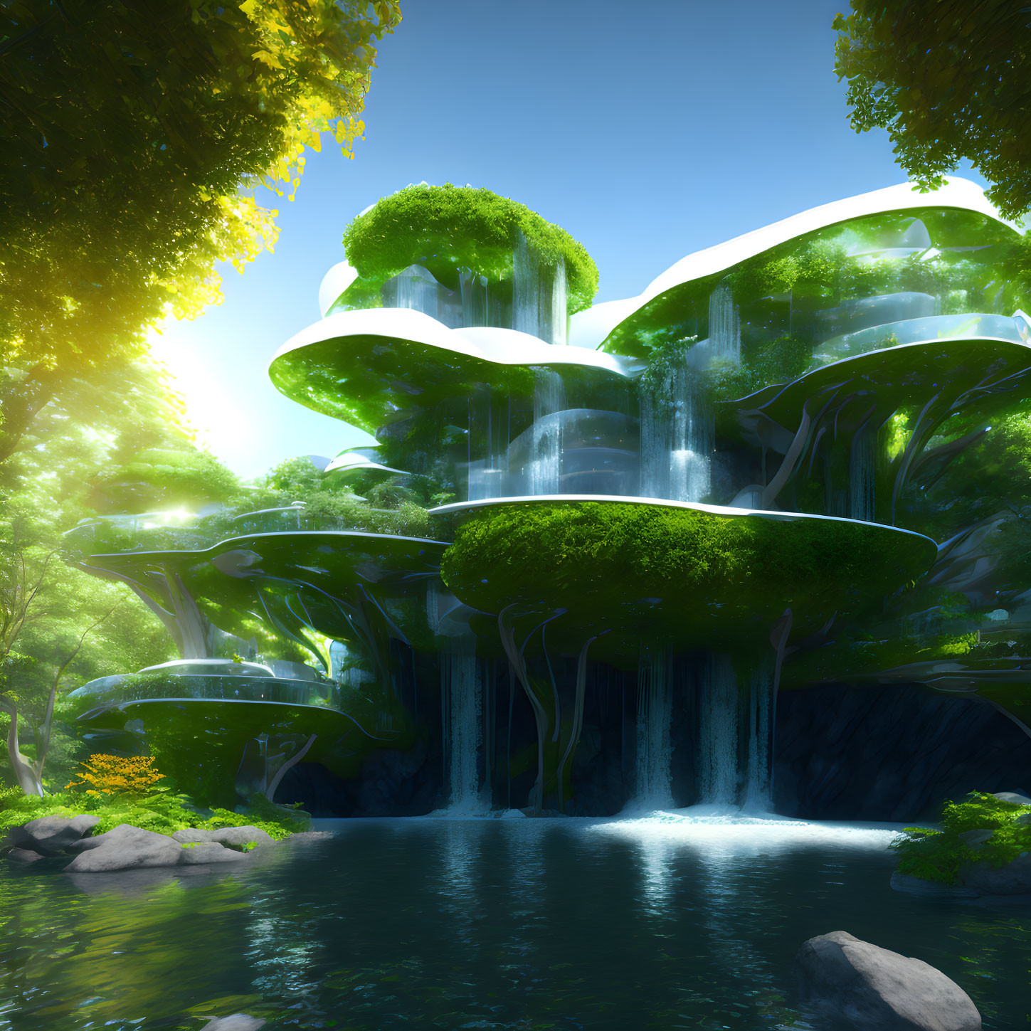 Tranquil fantasy cascade with lush green trees and pond