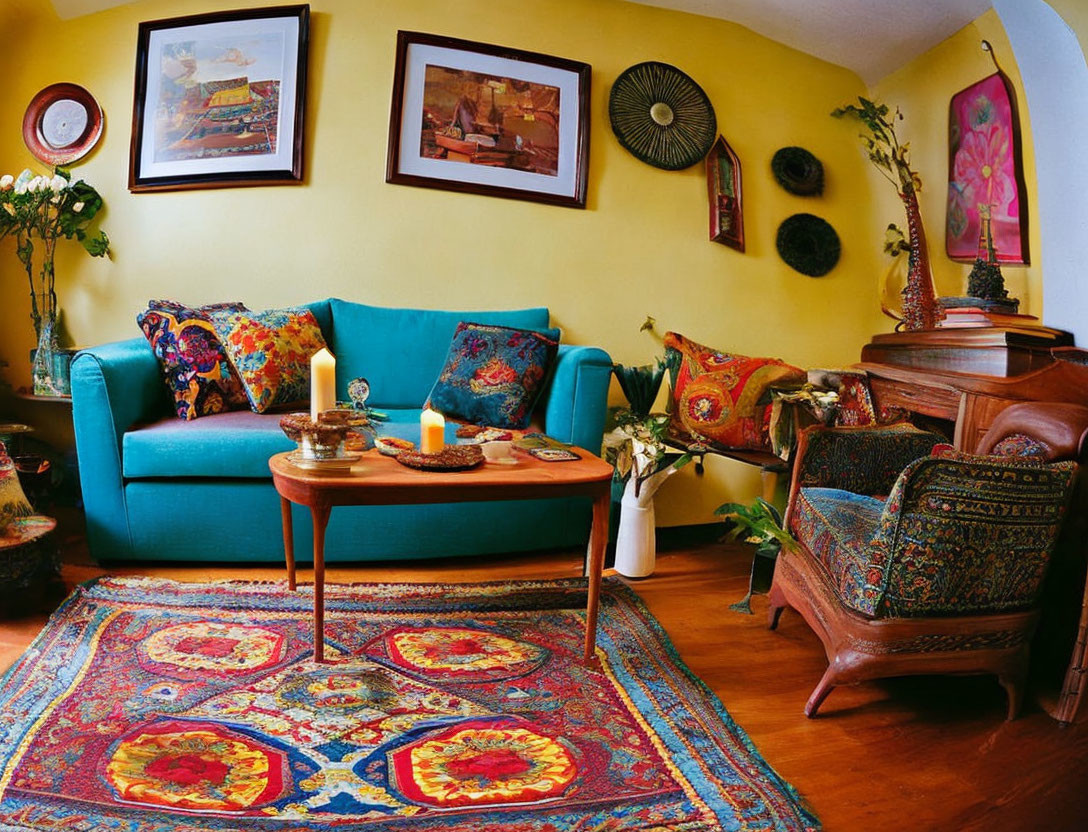 Bohemian living room with teal sofa, colorful textiles, wooden furniture, vibrant rug, and warm