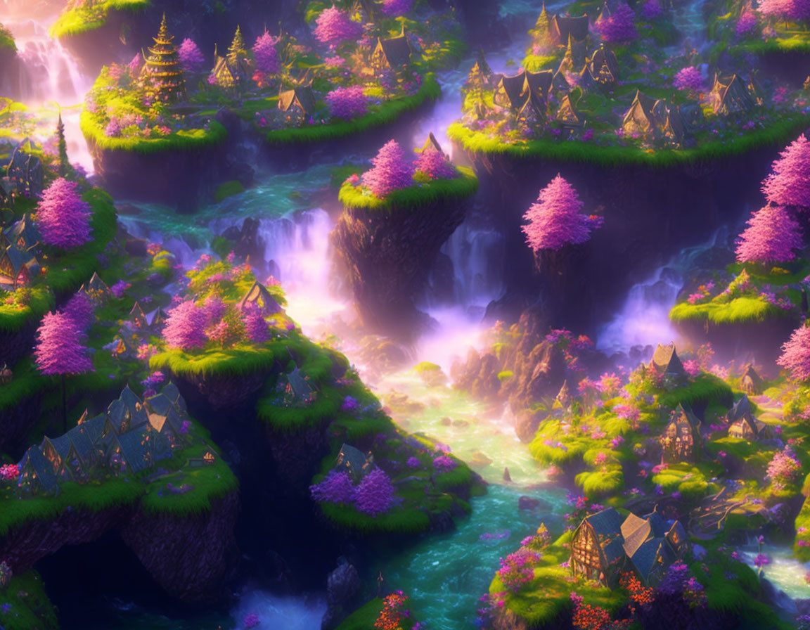 Vibrant landscape with waterfalls, floating islands, pink trees, and thatched-roof houses