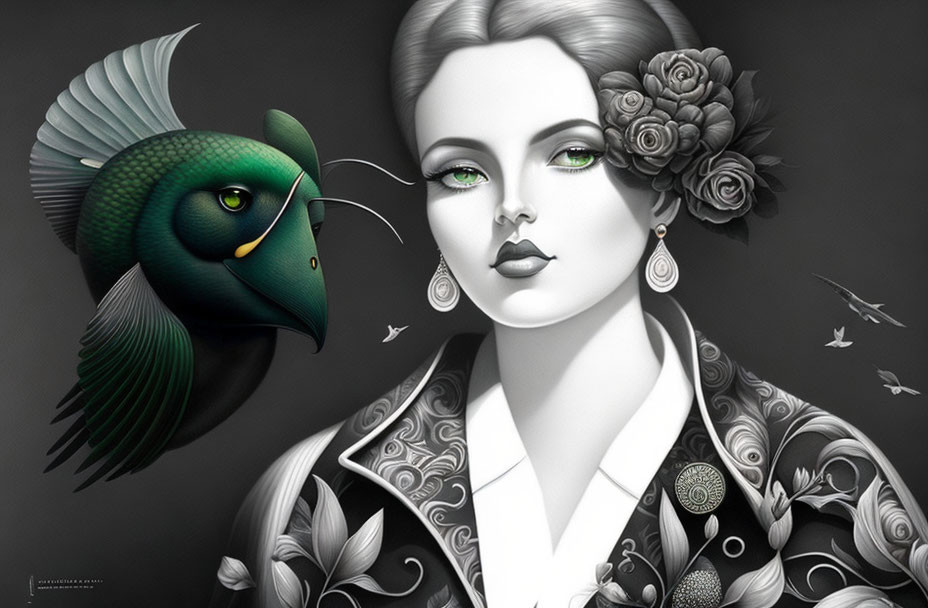 Monochrome illustration of woman with floral hair and fish, dark background with bird silhouettes