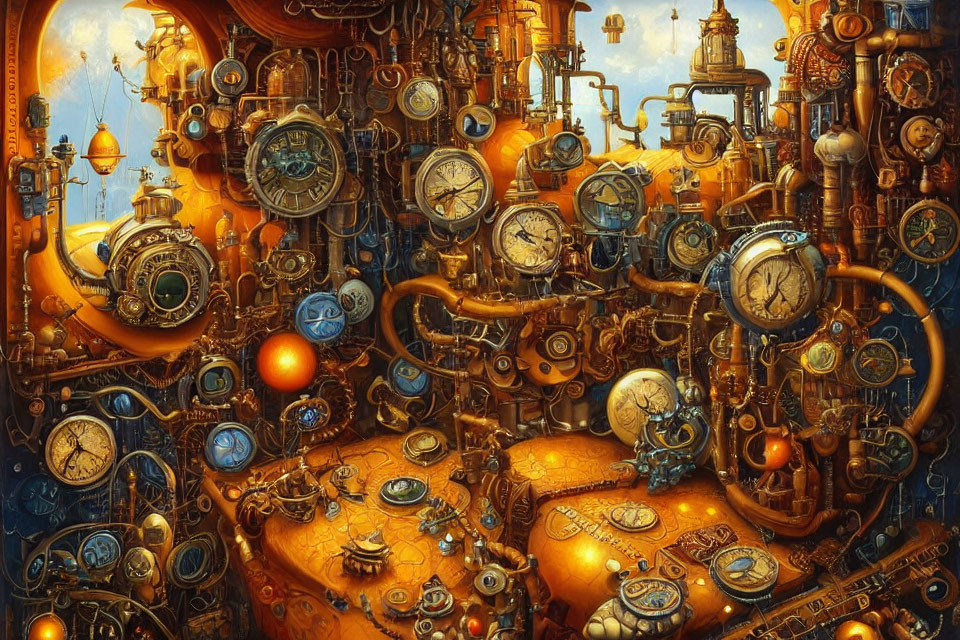 Detailed Steampunk Setting with Gears, Pipes, Clocks, and Spherical Elements