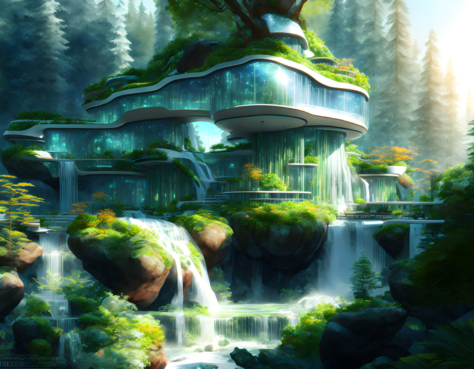 Enchanting forest with waterfalls and glowing treehouses