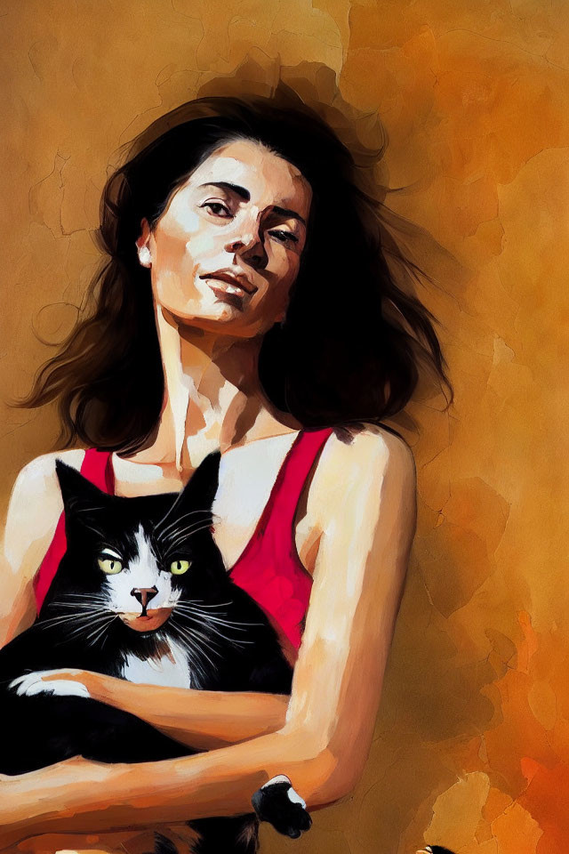 Woman in Red Top Holding Black and White Cat on Abstract Background