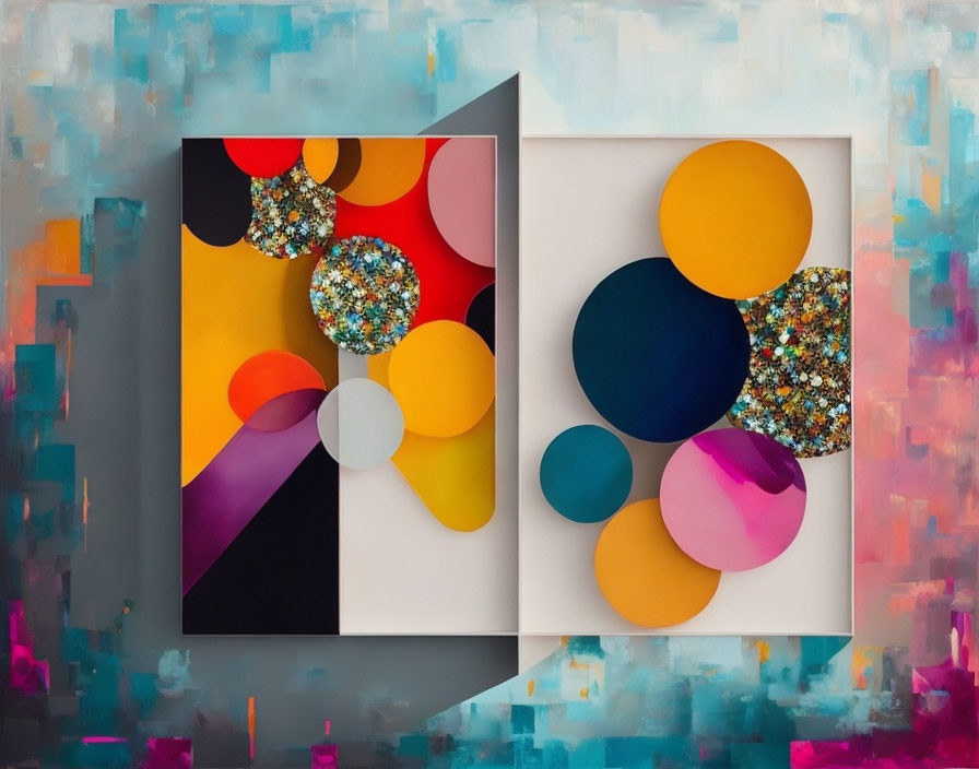 Abstract Paintings: Vibrant Circles & Shapes on Textured Blue & Pink Backgrounds