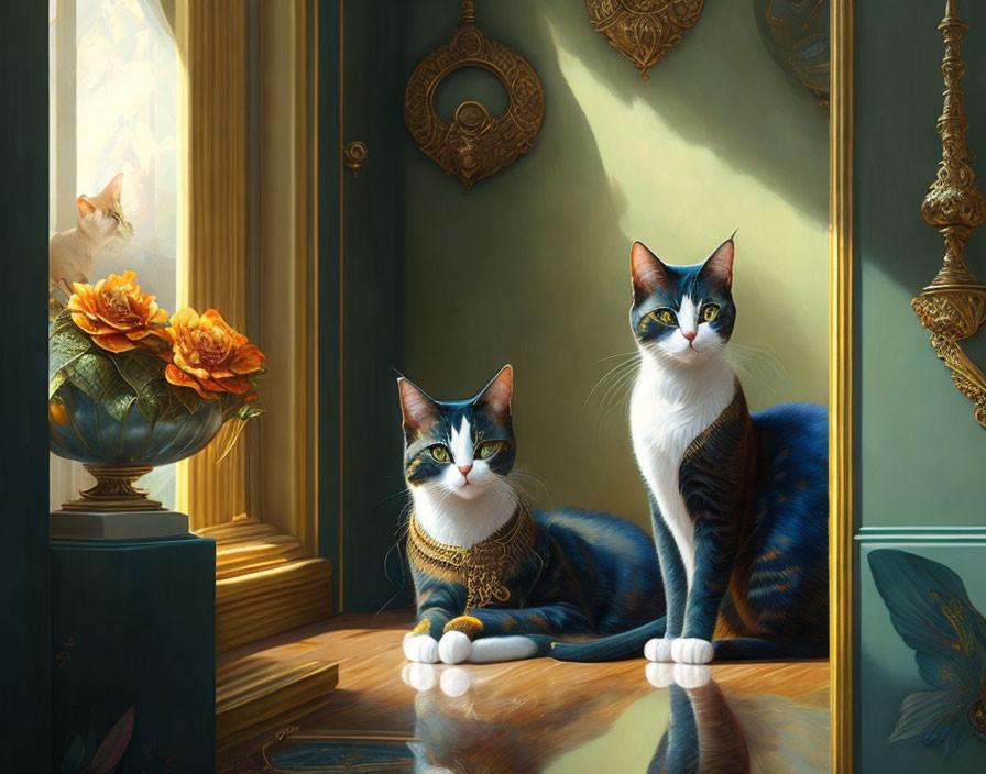 Elegant cats basking in sunlight in luxurious room