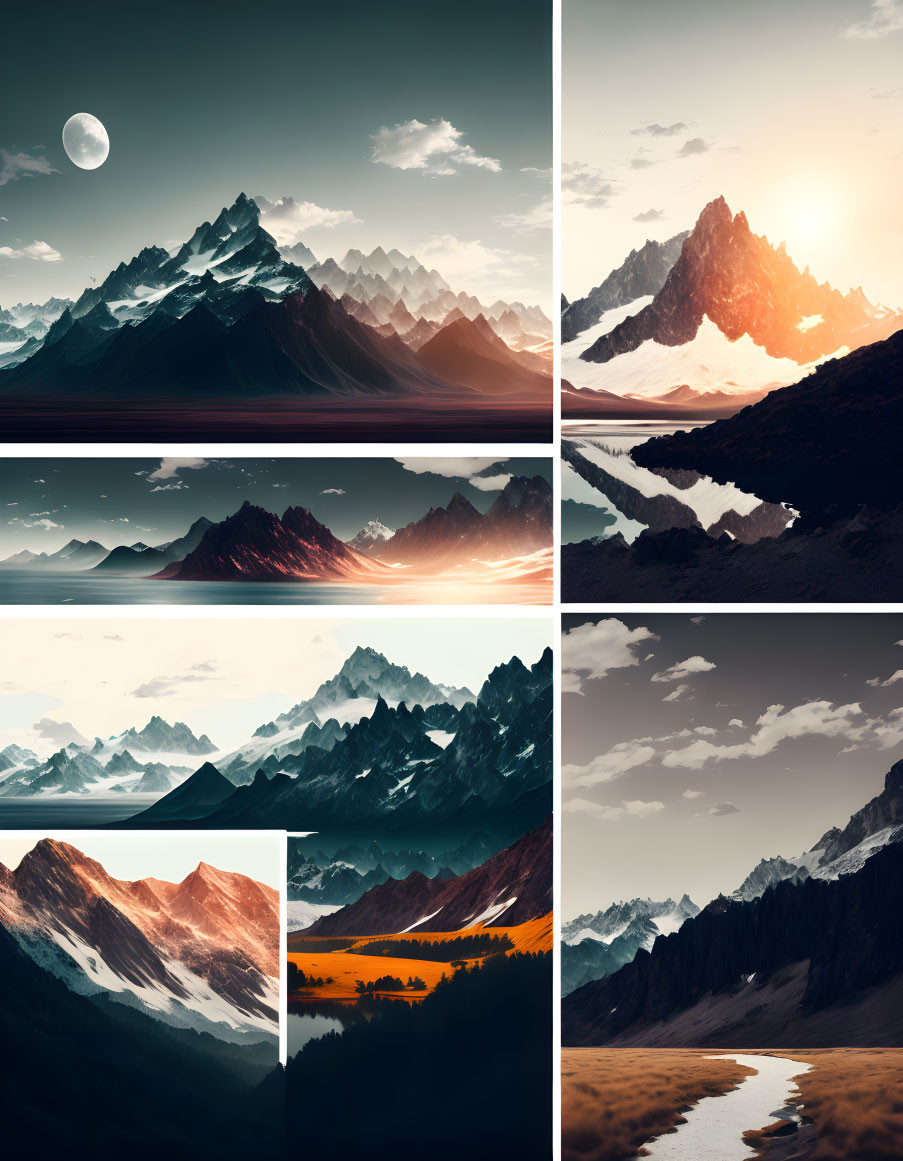 Six Majestic Mountain Landscapes at Different Times of Day